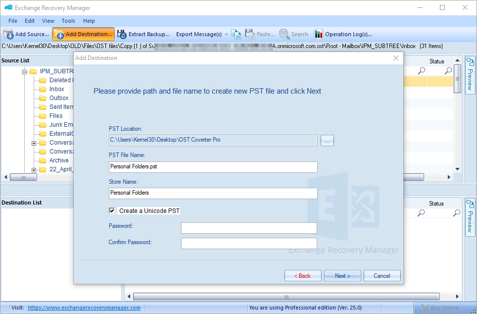 Select the location where you want to save the PST file
