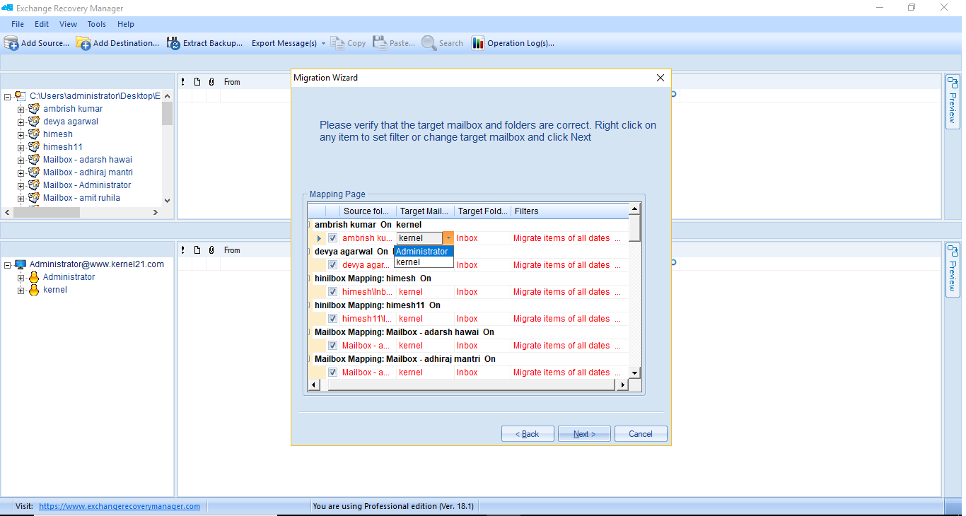 Map mailboxes with target mailboxes and start the migration