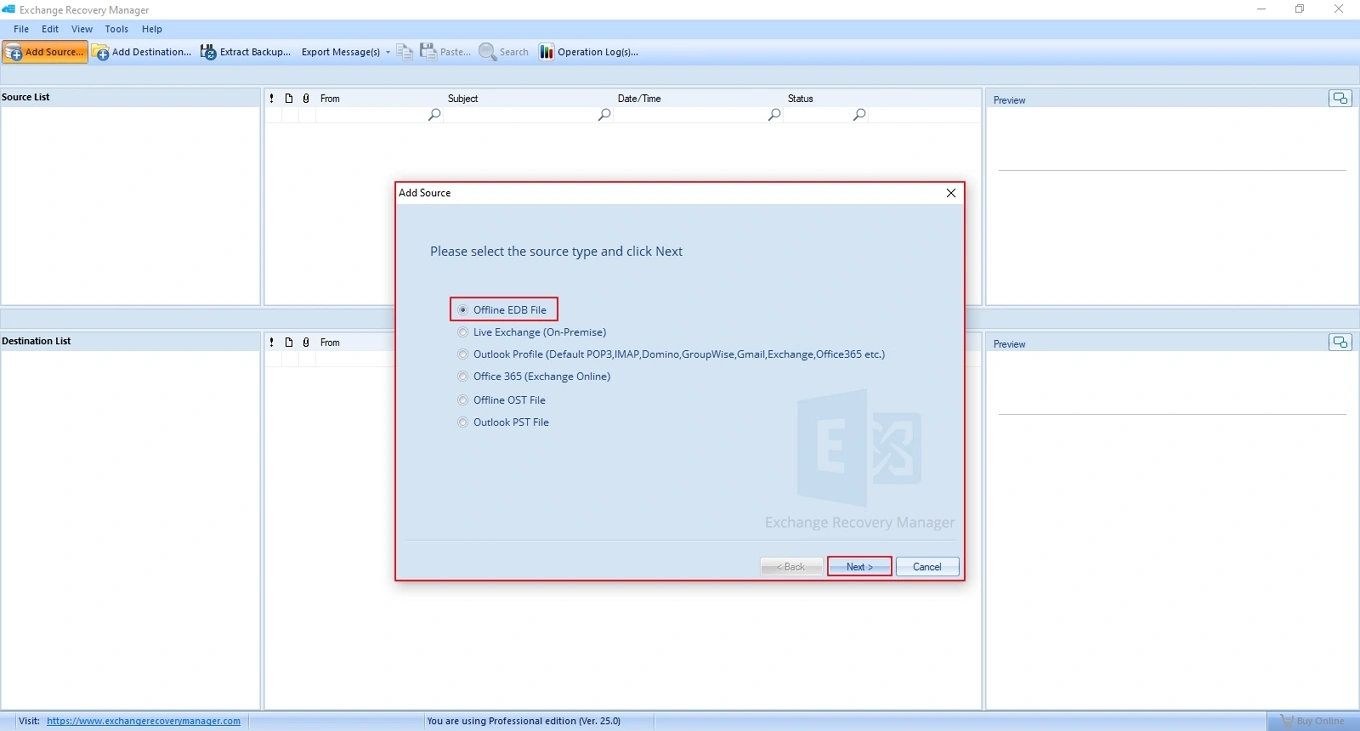 Click Add Source in Exchange Backup Tool