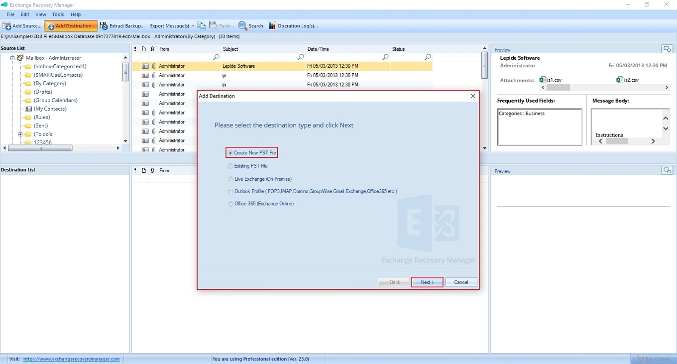 Add destination and select Create New PST File