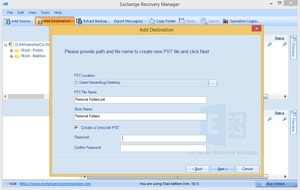 Select the location where you want to save the PST file
