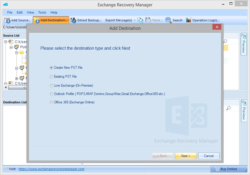 Add destination and select Create New PST File