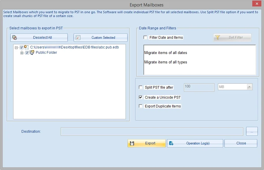 Select mailboxes to export in PST
