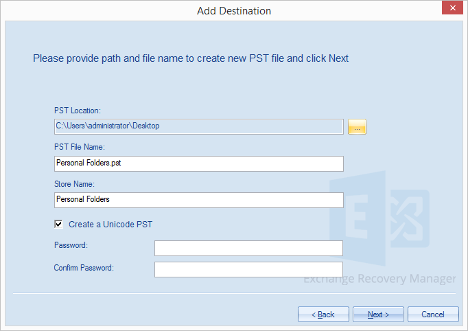 location for creating the new PST file